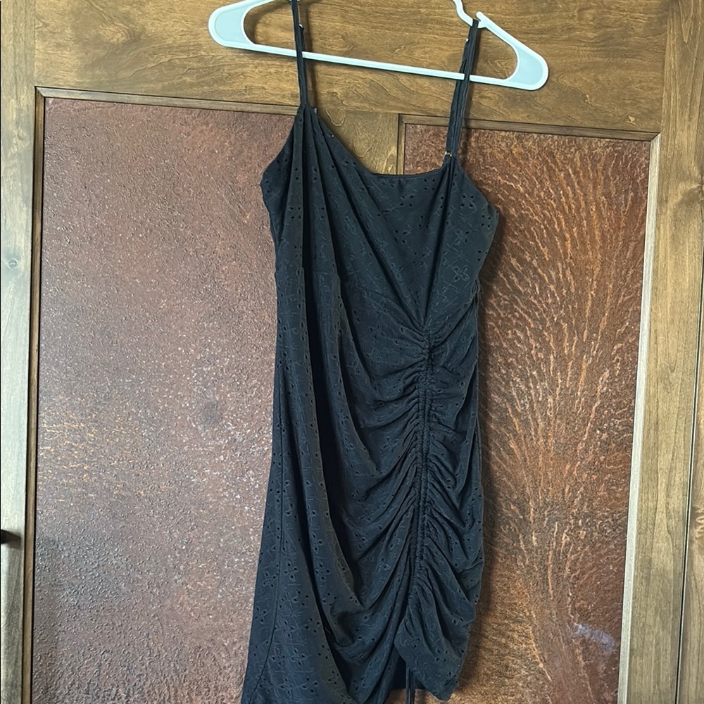 Black Ruched Dress adjustable front detail, black eyelet pristine size M